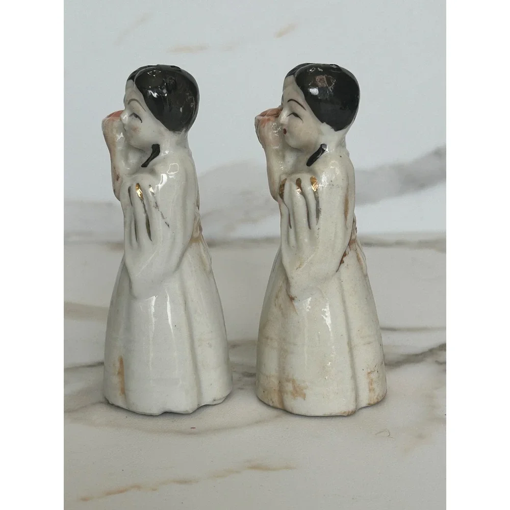 Vintage Ceramic Salt and Pepper Shakers Asian Women with Fruit Baskets Gold Trim